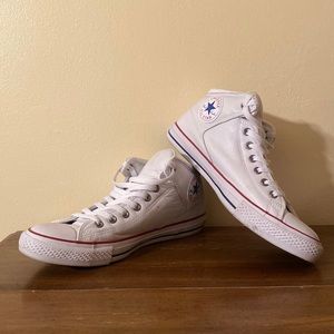 White mid-top baseball leather converse